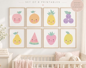 Fruit Nursery Wall Art Set of 8, Baby Girl Room Decor, Printable Fruit Art Prints, Kids Room Wall Decor, Pastel Nursery Art
