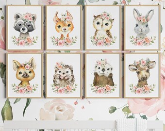 Woodland Nursery Decor, Floral Crown Animals, Baby Girl Nursery Wall Art, Printable Wall Art, Woodland Animals, Animal Prints For Nursery