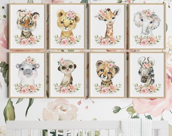 Safari Nursery Decor, Set of 8 Safari Animals Prints, Instant Download Files, Baby Animal Prints Nursery, Flower Crown Animals