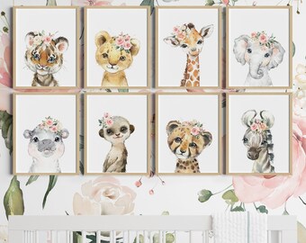 Safari Nursery Decor, Set of 8 Safari Animals Prints, Watercolor Safari Nursery, Baby Girl Nursery, Flower Crown Animals