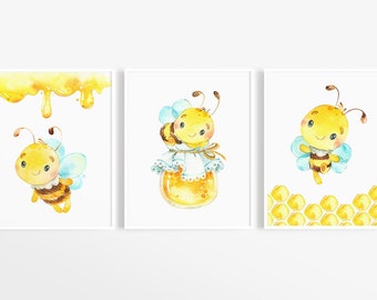 Bee Art Print, Honey Jar Art, Bee Watercolour Print, Nursery Decor, Printable Wall Art, Baby Girl Wall Art, Honeybee Print