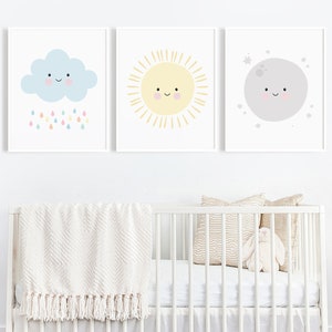 Nursery Wall Art Set, Neutral Nursery Decor, Gender Neutral Nursery, Baby Printables, Cloud Sun Moon Print, Sky Nursery Decor