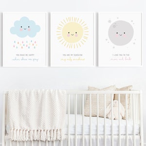 Nursery Wall Art Set, Neutral Nursery Decor, Printable Wall Art, Baby Printables, Cloud Sun Moon Print, Sky Nursery Decor