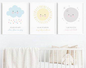 Nursery Wall Art Set, Neutral Nursery Decor, Printable Wall Art, Baby Printables, Cloud Sun Moon Print, Sky Nursery Decor
