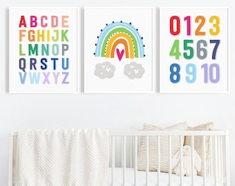 Alphabet Numbers Rainbow Art Print, Instant Download, Nursery Wall Art, Alphabet Letters, Rainbow Printable, Homeschool Prints