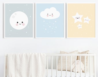 Nursery Wall Art Set, Neutral Nursery Decor, Gender Neutral Nursery, Baby Printables, Cloud Sun Moon Print, Sky Nursery Decor