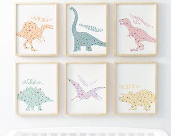 Set of 6 Dinosaur Art Prints, Dinosaur Girl Wall Art, Dinosaur Decor Girls Room, Dino Prints for Kids Room, Dinosaur Playroom Decor