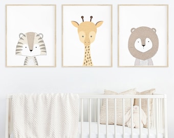 Stampe per cameretta con animali del safari: decorazioni neutre per il genere (download digitale)