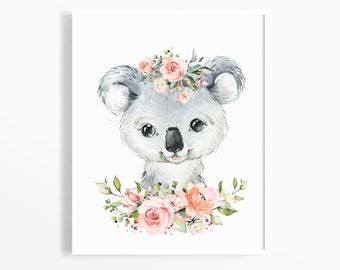Watercolor Koala Bear, Boho Nursery, Koala Print, Baby Girl Nursery Decor, Australian Animal Prints, Printable Wall Art, Pink Rose Flowers