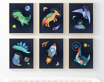 Space Dinosaur Prints, Set of 6 Dinosaur Prints, Dinosaur Nursery Wall Art, Dinosaur Space Nursery Prints, Space Wall Art, Boys Room