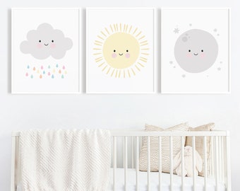 Nursery Wall Art Set, Neutral Nursery Decor, Gender Neutral Nursery, Baby Printables, Cloud Sun Moon Print, Sky Nursery Decor