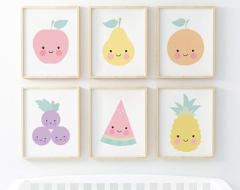 Set 6 Fruits Art Print, Baby Girl Nursery, Printable Kids Decor, Fruits Nursery, Nursery Wall Art, Playroom Wall Art