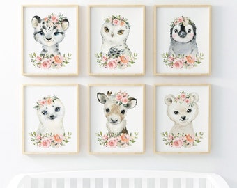 Arctic Animals Print, Nursery Wall Art, Polar Bear, Leopard, Penguin, Baby Girl Nursery, Winter Animals Nursery,  Snow Animal Prints