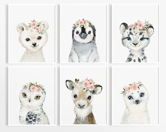 Arctic Animals Print, Nursery Wall Art, Polar Bear, Leopard, Penguin, Baby Girl Nursery, Winter Animals Nursery, Snow Animal Prints