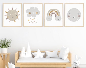 Sky Nursery Decor, Boho Nursery Prints, Gender Neutral Nursery, Baby Printables, Cloud Sun Moon Rainbow, Baby Weather Prints