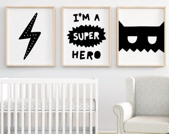 Superhero Prints, Kids Room Decor, Super Hero Kids Bedroom Decor, Superhero Wall Art, Superhero Bedroom, Black and White Nursery