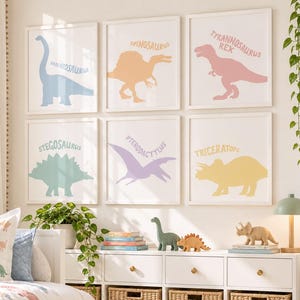 Set van 6 dinosaurus-kunstprints, dinosaurus-muurdecoratie voor meisjes, dinosaurusdecoratie voor de meisjeskamer, dinosaurusprints voor de kinderkamer, dinosaurus-speelkamerdecoratie