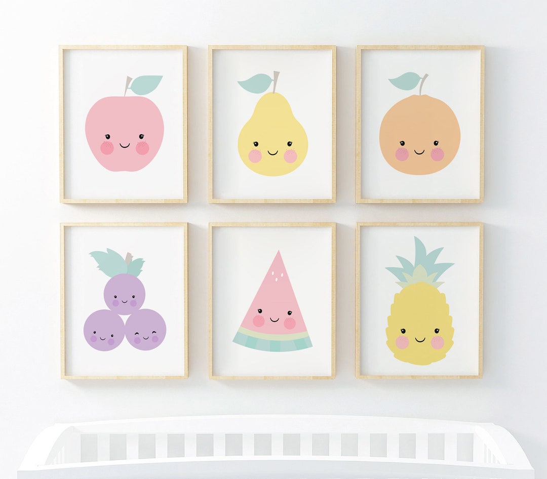 Set 6 Fruits Art Print, Baby Girl Nursery, Printable Kids Decor, Fruits