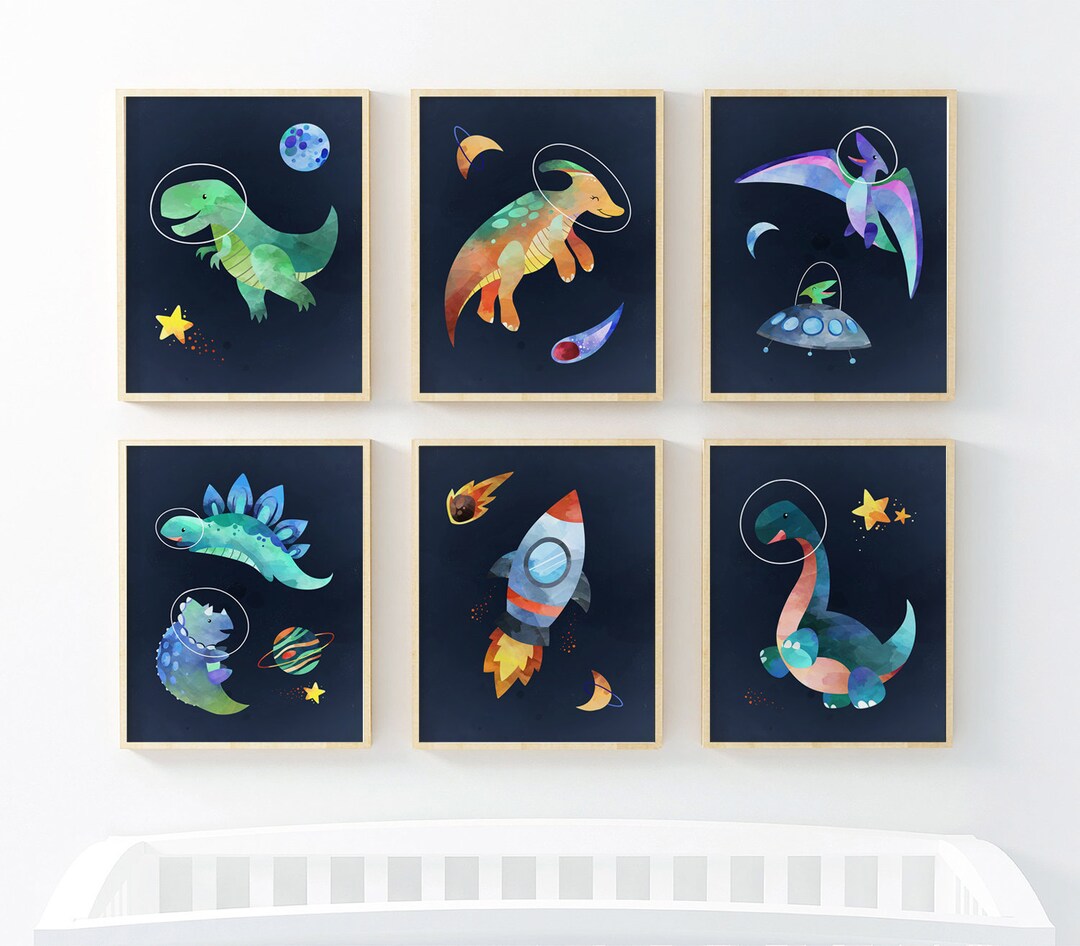 Space Dinosaur Prints, Set of 6 Dinosaur Prints, Dinosaur Nursery Wall ...