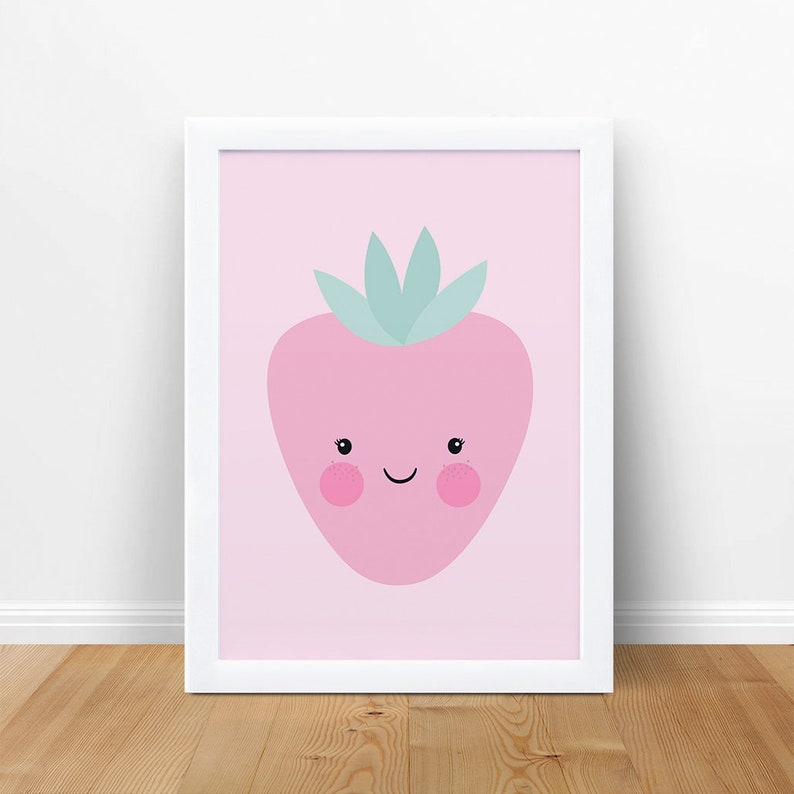 May include: A pink strawberry with a smiling face and green leaves on a pink background. The strawberry is framed in a white frame.