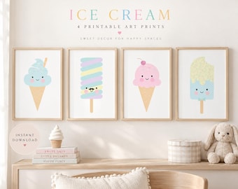 Ice Cream Nursery Wall Art, Pastel Printable Art, Cute Dessert Prints, Kids Room Decor, Ice Cream & Popsicle Art
