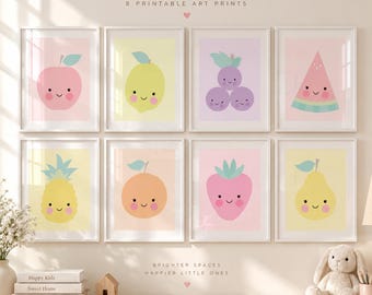 Cute Fruit Nursery Art Set of 8, Baby Girl Wall Art, Printable Kids Room Decor, Pastel Fruit Prints, Nursery Gallery Wall