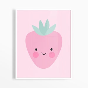 May include: A pink strawberry with a green leafy crown and a smiling face. The strawberry is on a pink background.