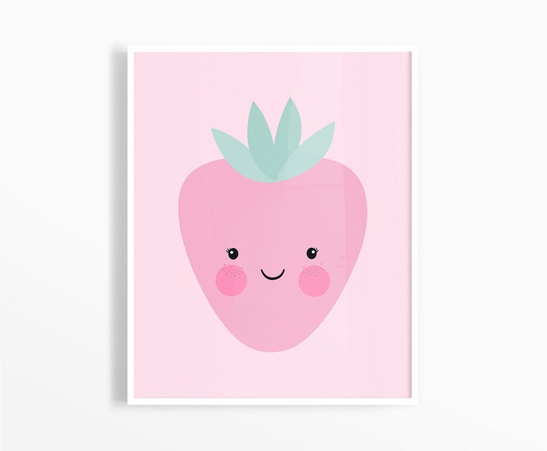 May include: A pink strawberry with a green leafy crown and a smiling face. The strawberry is on a pink background.