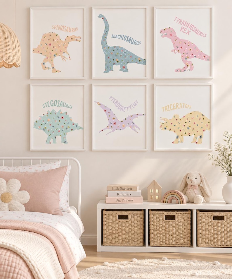 May include: Six framed wall art prints featuring floral-patterned dinosaurs in pastel colors. The prints display a Spinosaurus, Brachiosaurus, Tyrannosaurus Rex, Stegosaurus, Pterodactylus, and Triceratops, each with its name printed above the illustration.