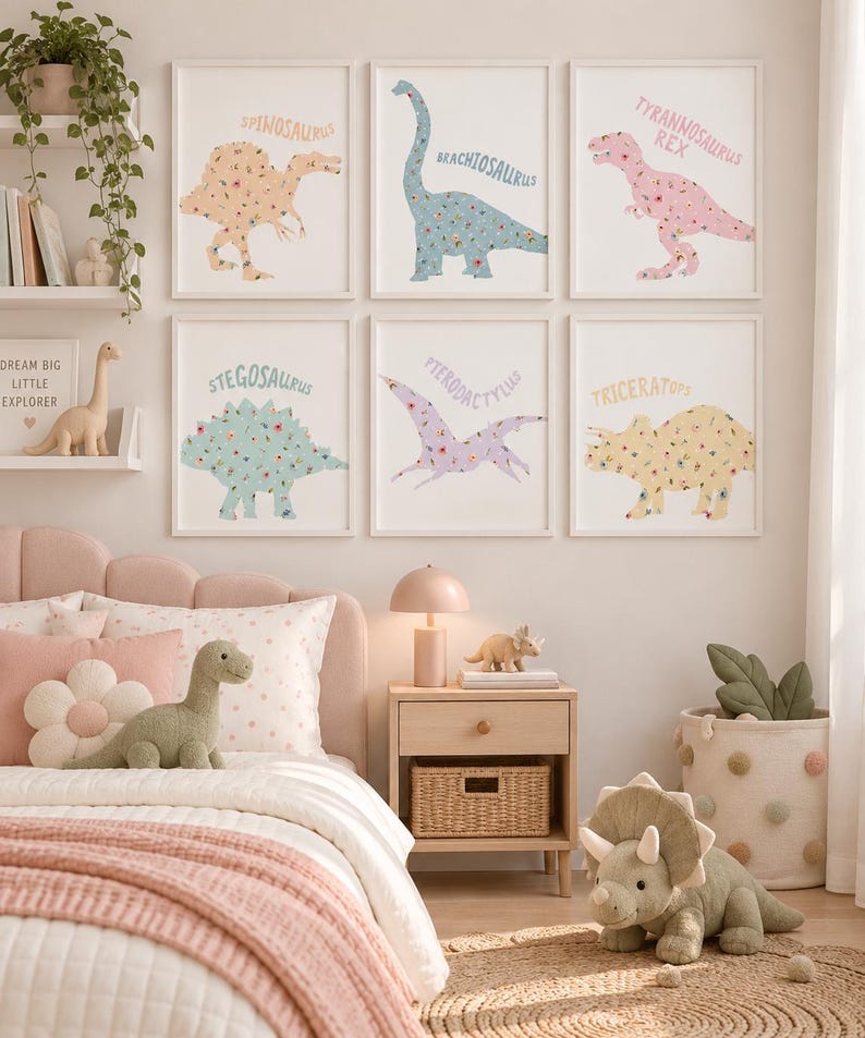 May include: Six framed wall art prints featuring floral-patterned dinosaurs labeled Spinosaurus, Brachiosaurus, Tyrannosaurus Rex, Stegosaurus, Pterodactylus, and Triceratops, displayed in a room with dinosaur-themed decor and plush toys.