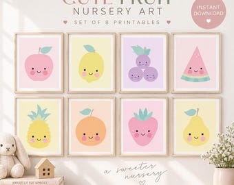 Cute Fruits Art Print Set, Nursery Wall Decor (Digital Download), Baby Girl Wall Art, Printable Kids Room Decor