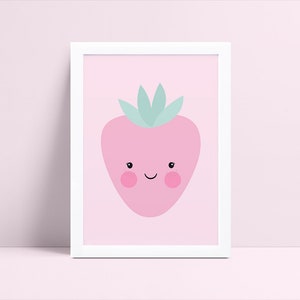 May include: A pink framed print with a cartoon strawberry with a happy face and green leaves on a pink background.