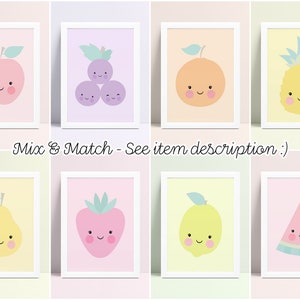 May include: Set of eight printable wall art prints featuring cute cartoon fruit with smiling faces. The fruits include an apple, grapes, orange, pineapple, pear, strawberry, lemon, and watermelon. Each fruit is on a different colored background.