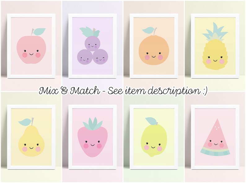 May include: Set of eight printable wall art prints featuring cute cartoon fruit with smiling faces. The fruits include an apple, grapes, orange, pineapple, pear, strawberry, lemon, and watermelon. Each fruit is on a different colored background.