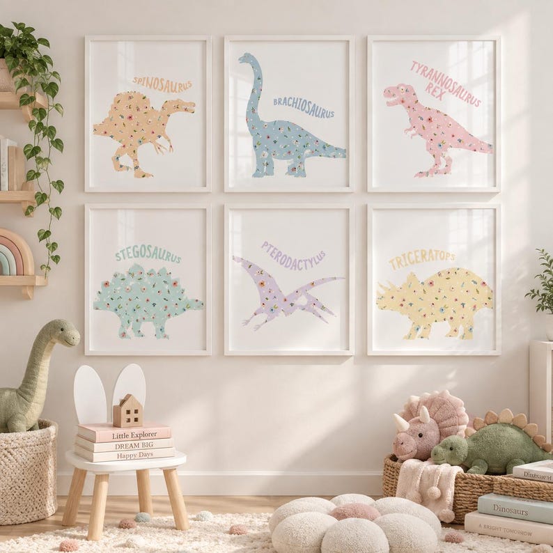May include: Six framed wall art prints featuring floral-patterned dinosaurs: a tan Spinosaurus, a blue Brachiosaurus, a pink Tyrannosaurus Rex, a green Stegosaurus, a purple Pterodactylus, and a yellow Triceratops, each with its name printed above.