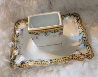 Rare Vintage Haviland Limoges Marked and Signed Porcelain Ashtray with Match Holder