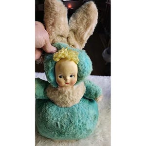 Vintage Canvas Face Plush Bunny Rabbit Toy Doll Musical  1950&#39;s