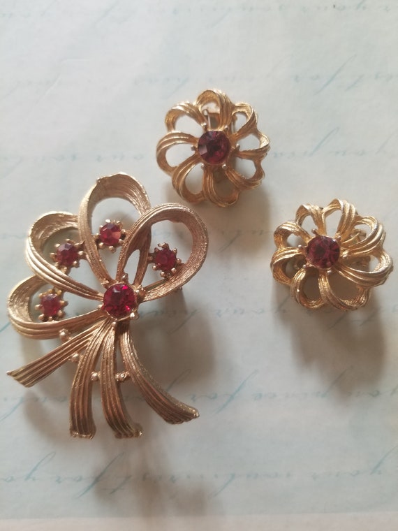 Gold and Red Rhinestone Costume Jewelry Pin and Earrings Set Etsy