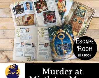 May include: An Escape Room in a Book titled Murder at Mistletoe Manor, featuring an open game book with character profiles, fingerprint evidence, a cocktail illustration, and a keypad puzzle on a door, alongside a circular logo for Blue Coconut Mysteries.