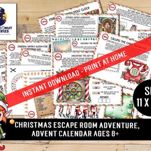Puede incluir: Un juego de aventura de escape room con temática navideña con varios rompecabezas y desafíos. El juego incluye páginas imprimibles con ilustraciones festivas y el texto "DESCARGA INSTANTÁNEA - IMPRIME EN CASA". El tamaño es de 27,9 x 21,6 cm.