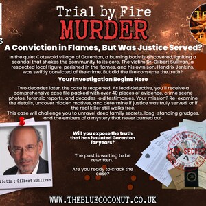 K&ouml;nnte beinhalten: Ein Poster f&uuml;r ein Mord-Mystery-Spiel namens "Trial by Fire". Das Poster zeigt ein Foto eines Mannes, eine Titelkarte und Text, der lautet "A Conviction in Flames, But Was Justice Served?" und "Your Investigation Begins Here".