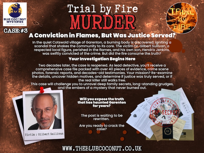 K&ouml;nnte beinhalten: Ein Poster f&uuml;r ein Mord-Mystery-Spiel namens "Trial by Fire". Das Poster zeigt ein Foto eines Mannes, eine Titelkarte und Text, der lautet "A Conviction in Flames, But Was Justice Served?" und "Your Investigation Begins Here".