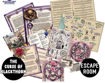 May include: A collection of printed game materials for The Curse of Blackthorn escape room, featuring a map, letters with skull and gemstone accents, a pentagram illustration with roses, a paranormal investigator ID card, and various occult symbols.