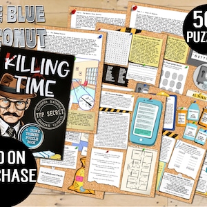 K&ouml;nnte beinhalten: Ein Krimi-Puzzlebuch mit dem Titel "Killing Time" mit einer Detektiv-Illustration auf dem Cover. Das Buch wird auf einer Korktafel mit verschiedenen R&auml;tseln und Spielen pr&auml;sentiert, darunter ein Wortsuchspiel, ein Codeknacker und ein Fingerabdruck-Abgleichspiel. Der Text "50+ Puzzles" ist in der oberen rechten Ecke des Bildes zu sehen.