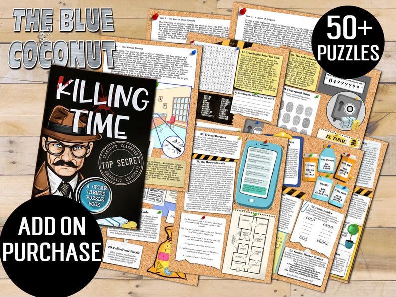 K&ouml;nnte beinhalten: Ein Krimi-Puzzlebuch mit dem Titel "Killing Time" mit einer Detektiv-Illustration auf dem Cover. Das Buch wird auf einer Korktafel mit verschiedenen R&auml;tseln und Spielen pr&auml;sentiert, darunter ein Wortsuchspiel, ein Codeknacker und ein Fingerabdruck-Abgleichspiel. Der Text "50+ Puzzles" ist in der oberen rechten Ecke des Bildes zu sehen.
