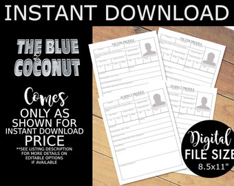 Cold Case File murder mystery Suspect & Victim Profile Forms (Printable Digital Download)