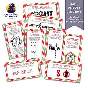 Peut inclure: Une collection de 60 cartes de jeux imprimables avec des devinettes, des échelles de mots, des anagrammes et des énigmes visuelles sur le thème des fêtes. Chaque carte présente une bordure rayée rouge et verte avec du texte.