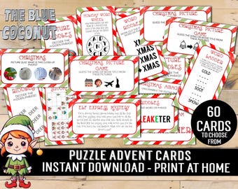 60 Puzzle Advent Cards A Challenge For Every Day 'Til Christmas | Holiday Advent Calendar Riddles Daily Xmas Picture Quizzes & Word Puzzles