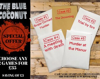 Bundle of Tabletop detective police file, crime Cold case, POSTED to your door, murder mystery, date night game, puzzle, choose any 2 games