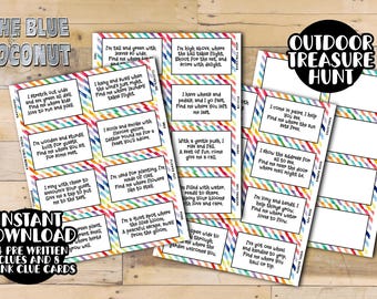 Rainbow Striped Treasure Hunt Game | 36 Printable Clue Cards for Outdoor Fun | Birthday & Family Gathering Activity